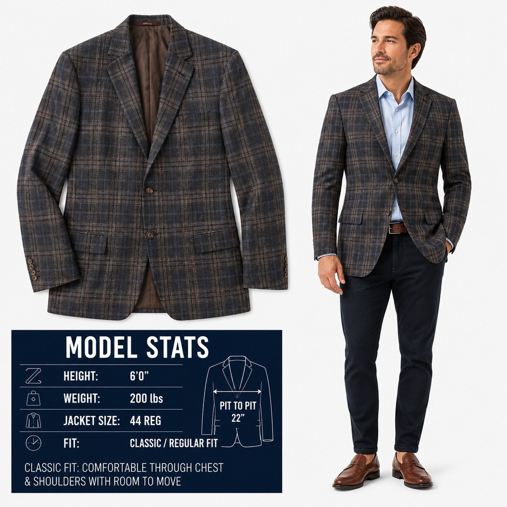 Hickey Freeman Brampton Sport Coat Mens 44R Brown Blue Plaid Worsted Wool Blazer